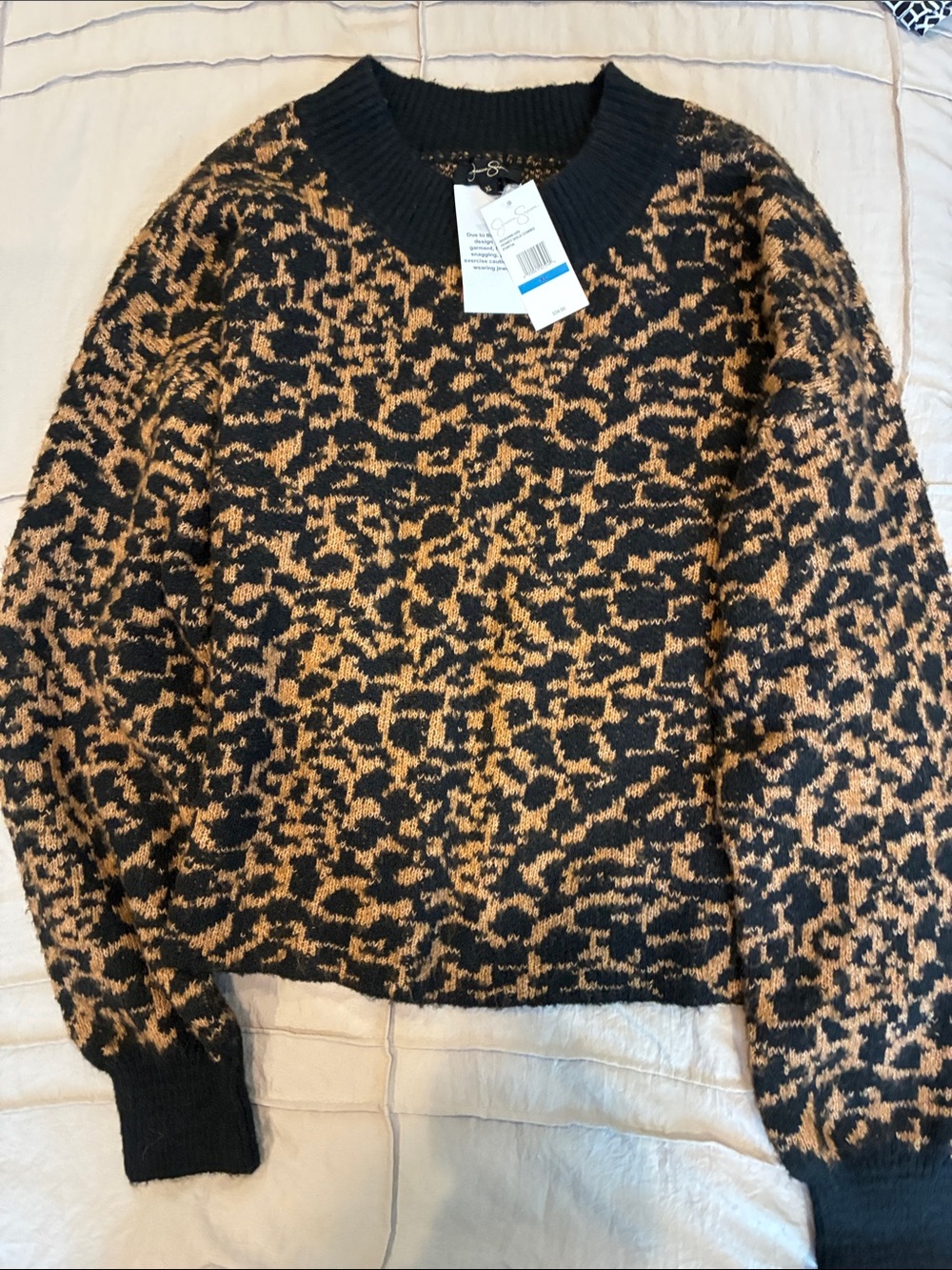 Jessica Simpson Black and Camel Leopard Print Crewneck Sweater